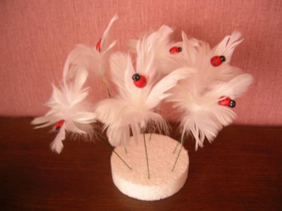 Bouquet de plumes  avec coccinelle sur pic